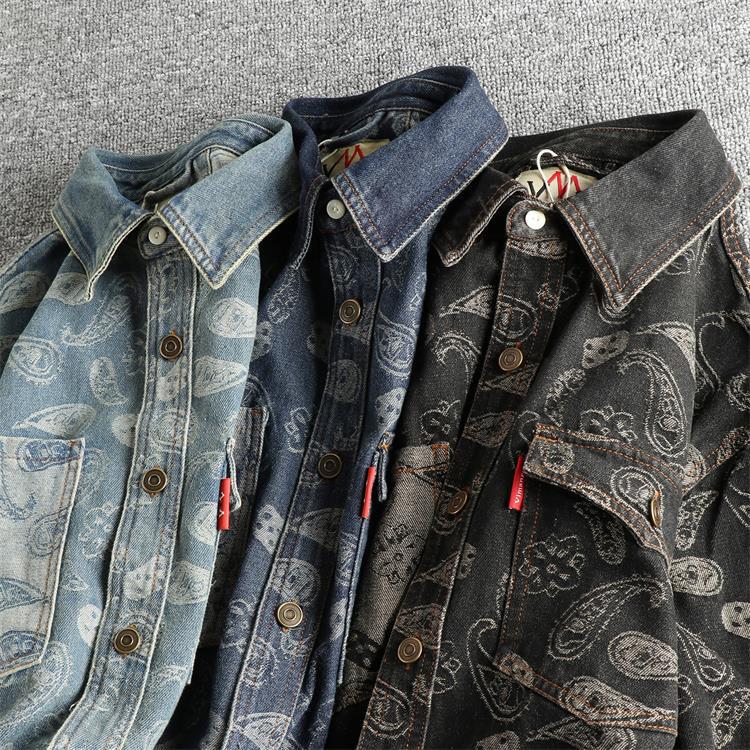 Unisex Denim Shirt with Cashew Flower Pattern