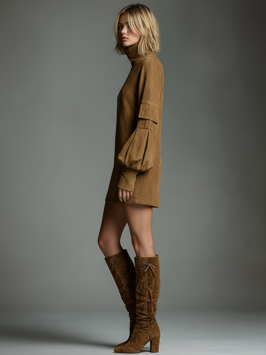 Women's Faux Suede Turtleneck Mini Dress