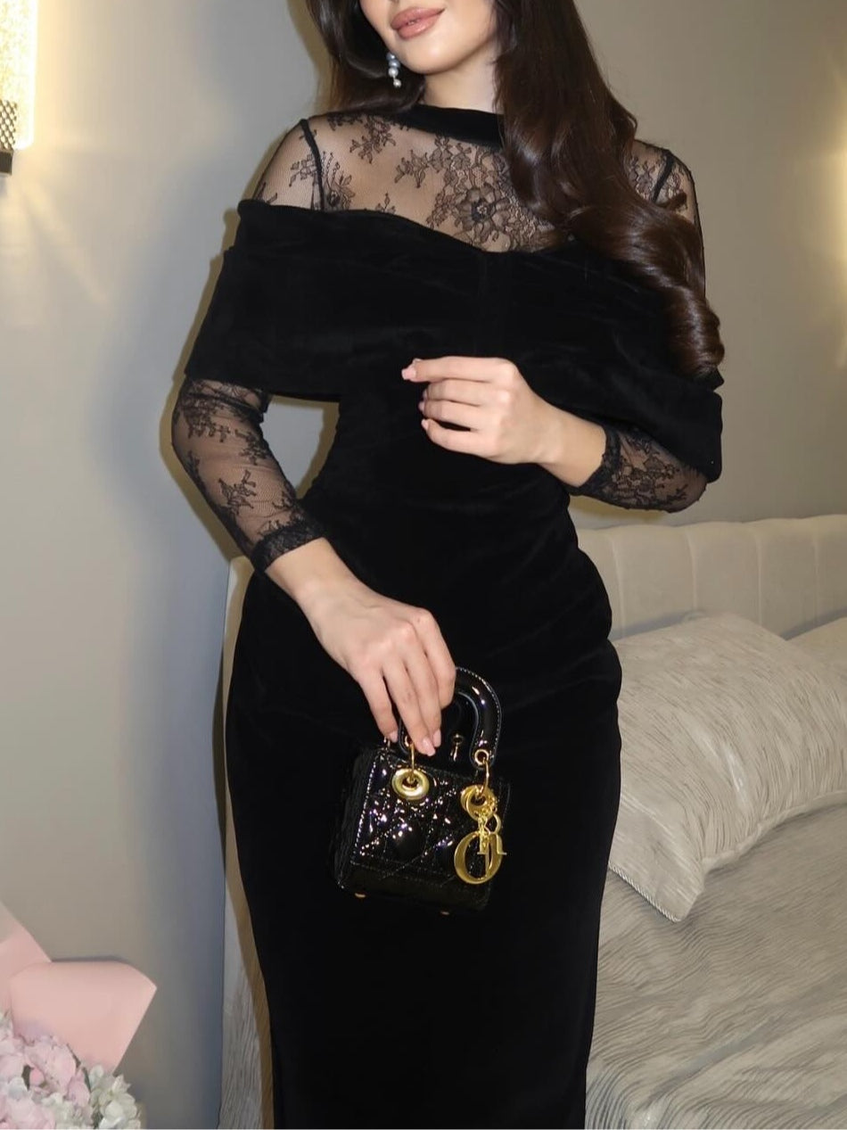 Women's Black Velvet Lace-Trimmed Fitted Maxi Dress