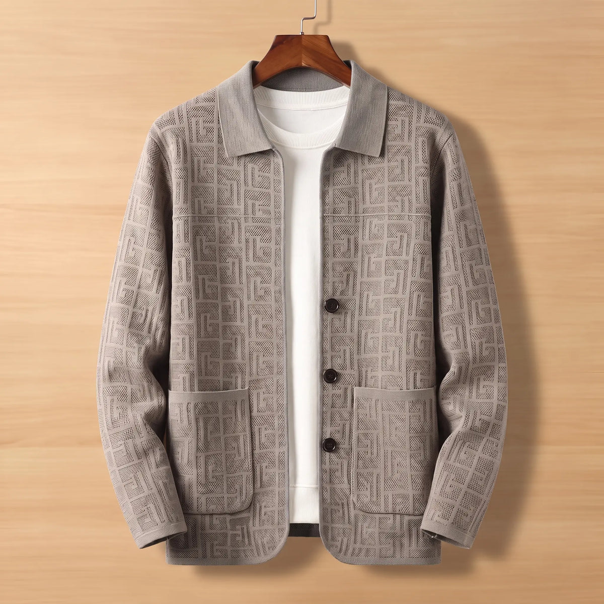 Unisex Jacquard Knit Cardigan with Button Front and Collar