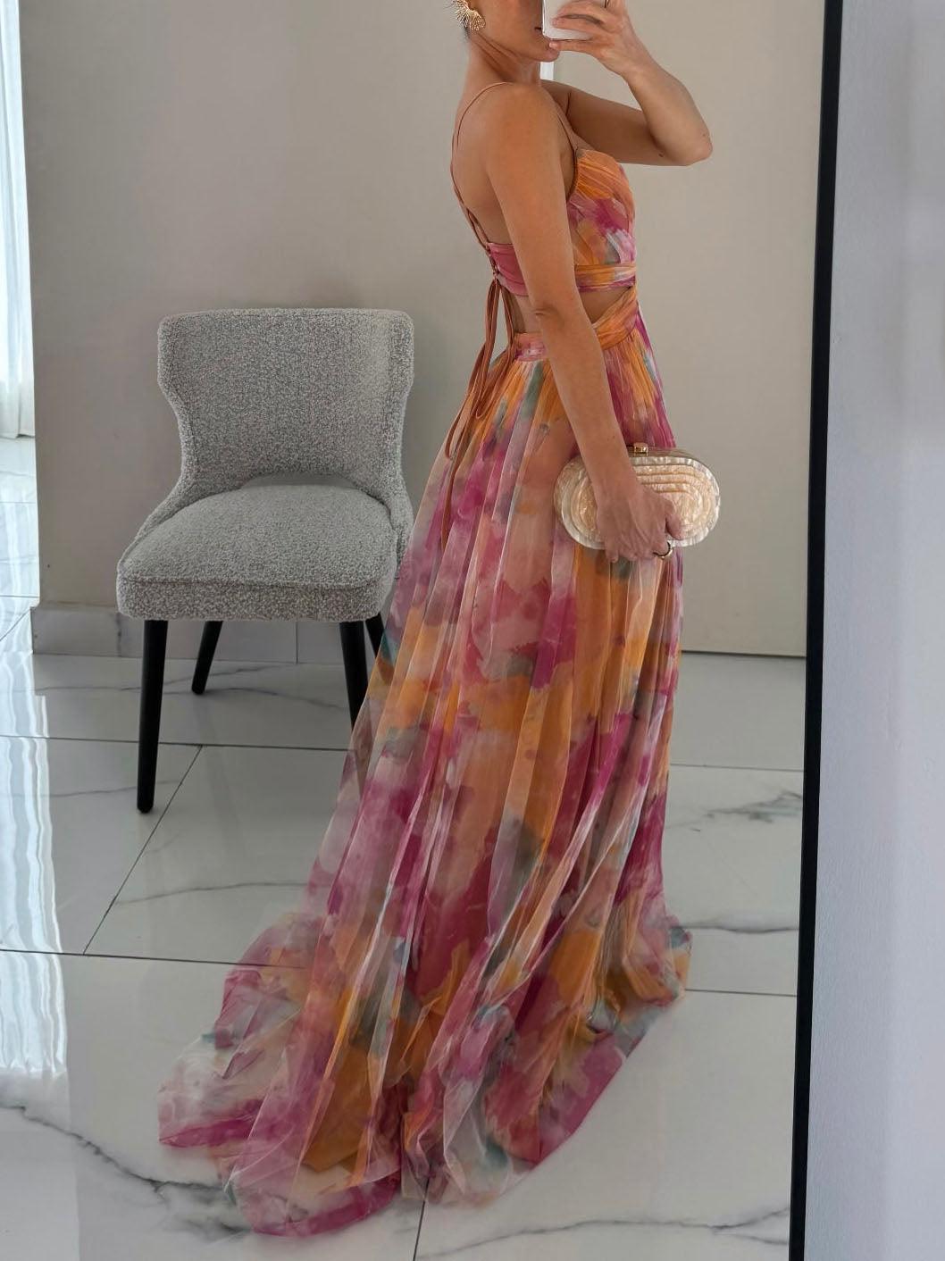 Women's Painted Floral Print V-Neck A-Line Maxi Dress