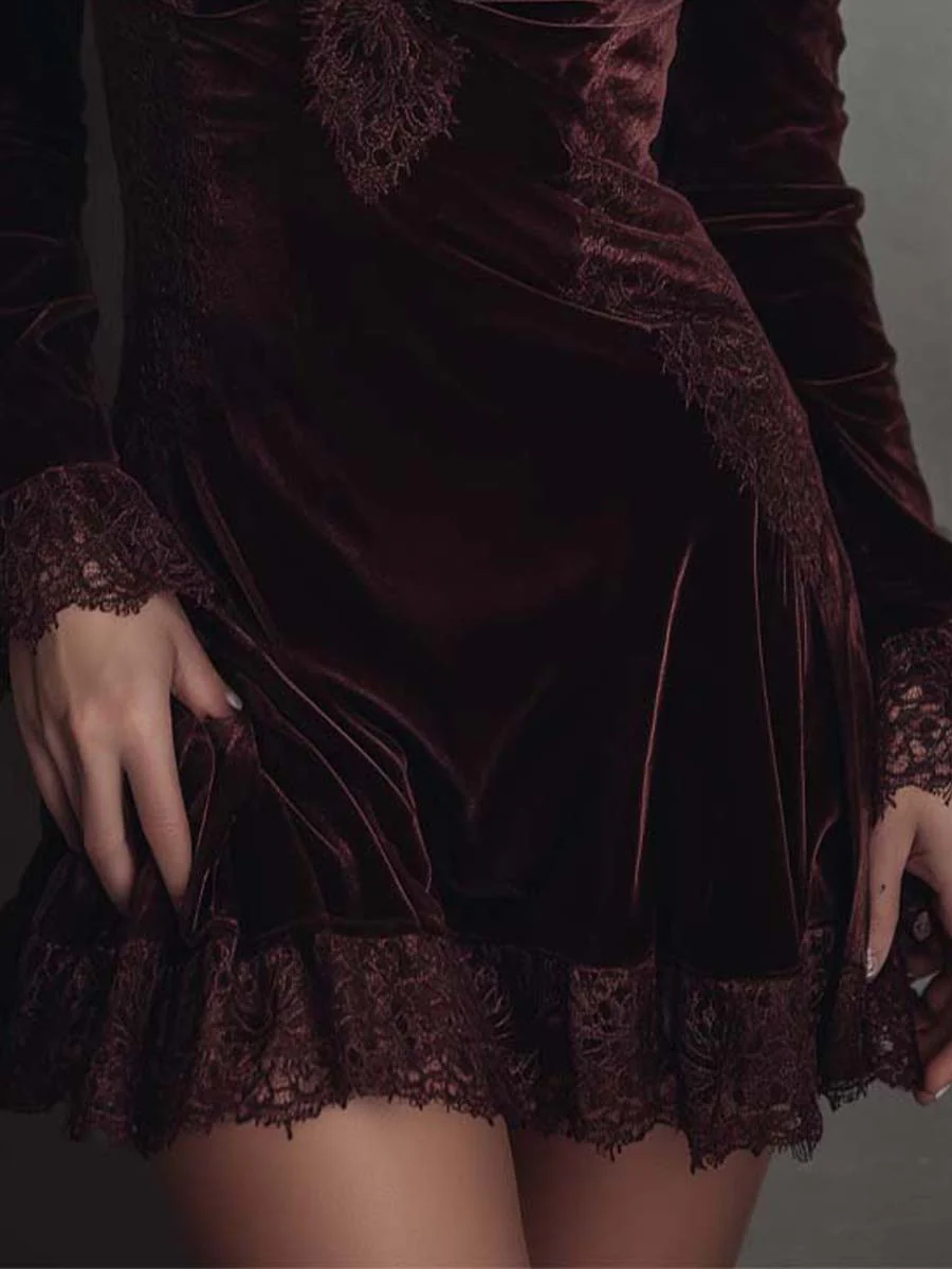 Women's Burgundy Velvet Lace-Trimmed V-Neck Mini Dress