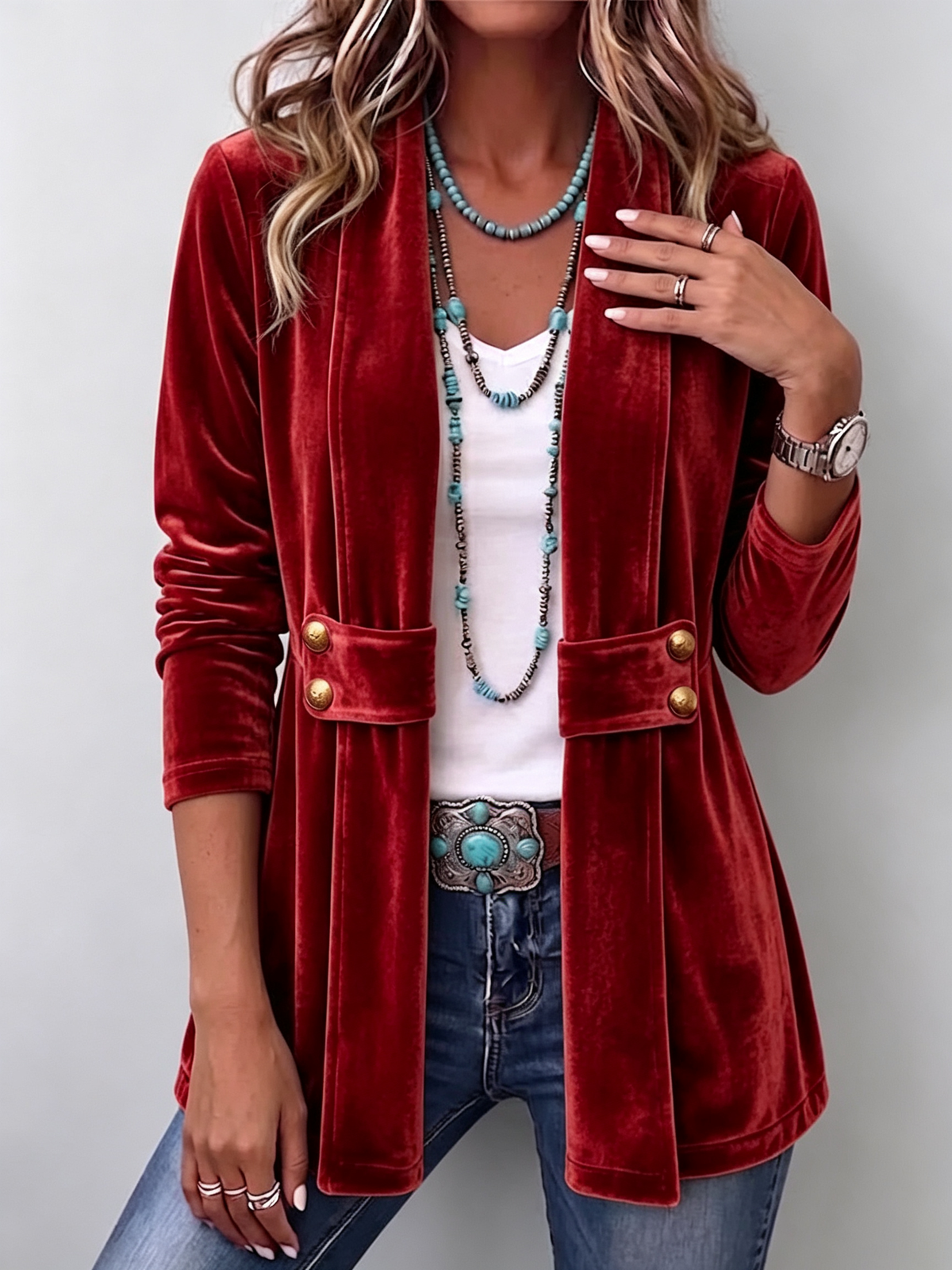 Unisex Open Front Jacket with Vintage Lapel and Button Side Tabs