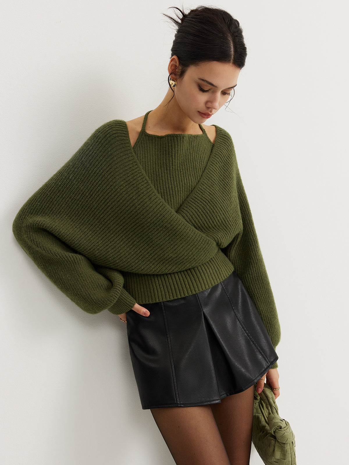Women's 2 in 1 Bat Sleeve Halter Knit Top