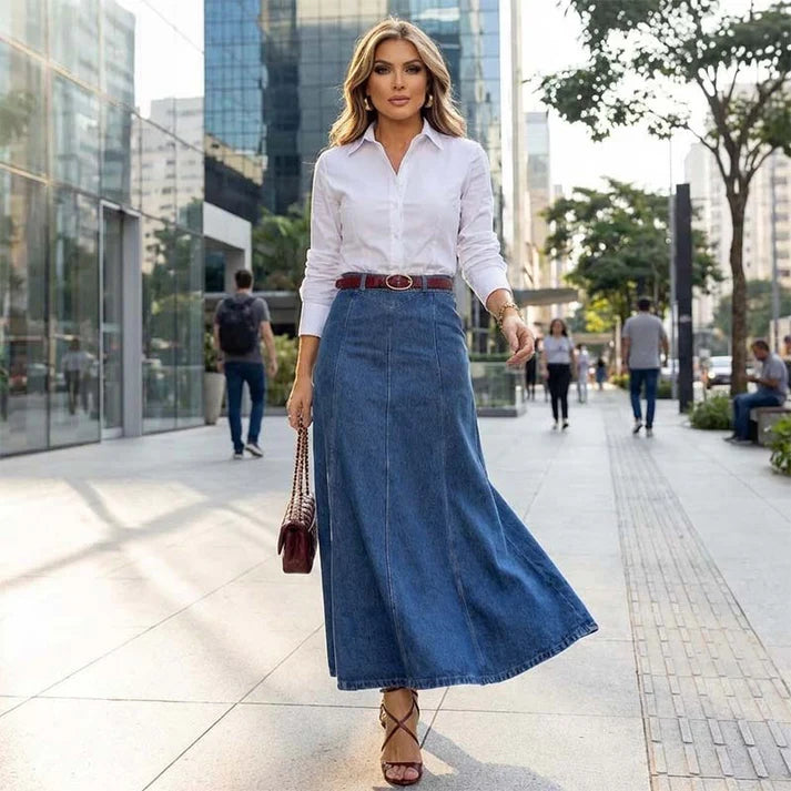 Women's Denim Midi Skirt with High Waist and A-Line Cut