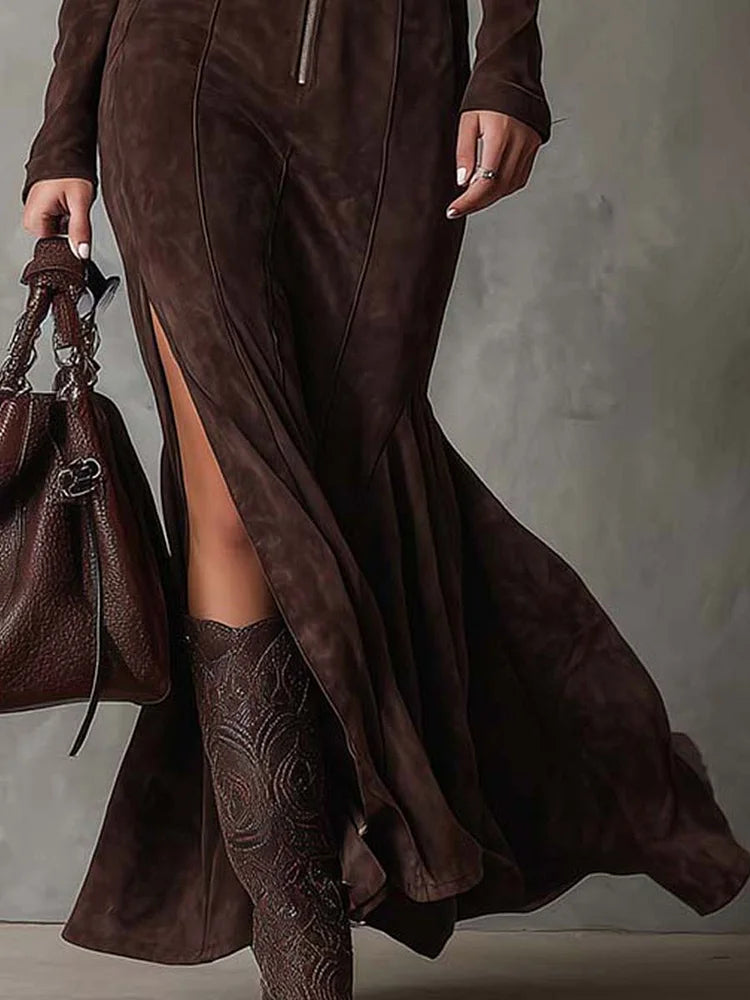 Women's Maxi Dress with Zipper Front and Belt
