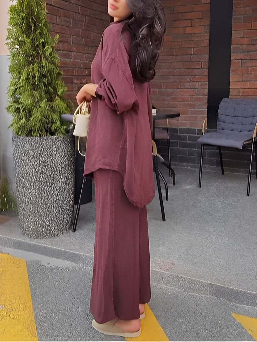Women's Clothing Set with Long-Sleeved Tie-Drawstring Shirt and Skirt
