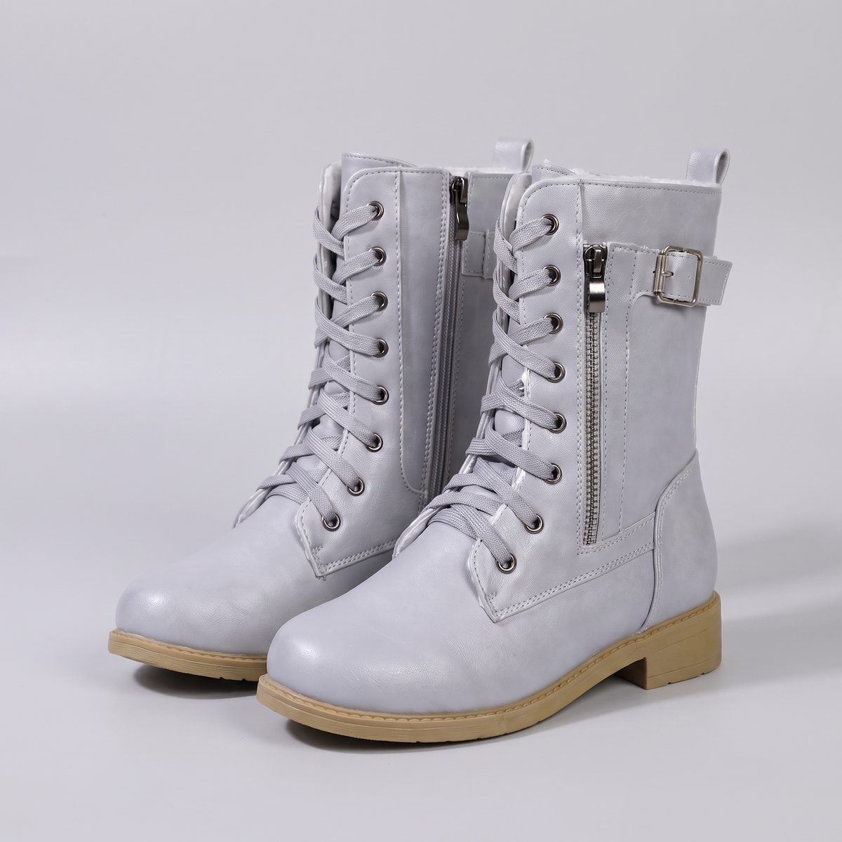 Unisex Mid-Calf Boots with Lace-Up Front and Buckle Details