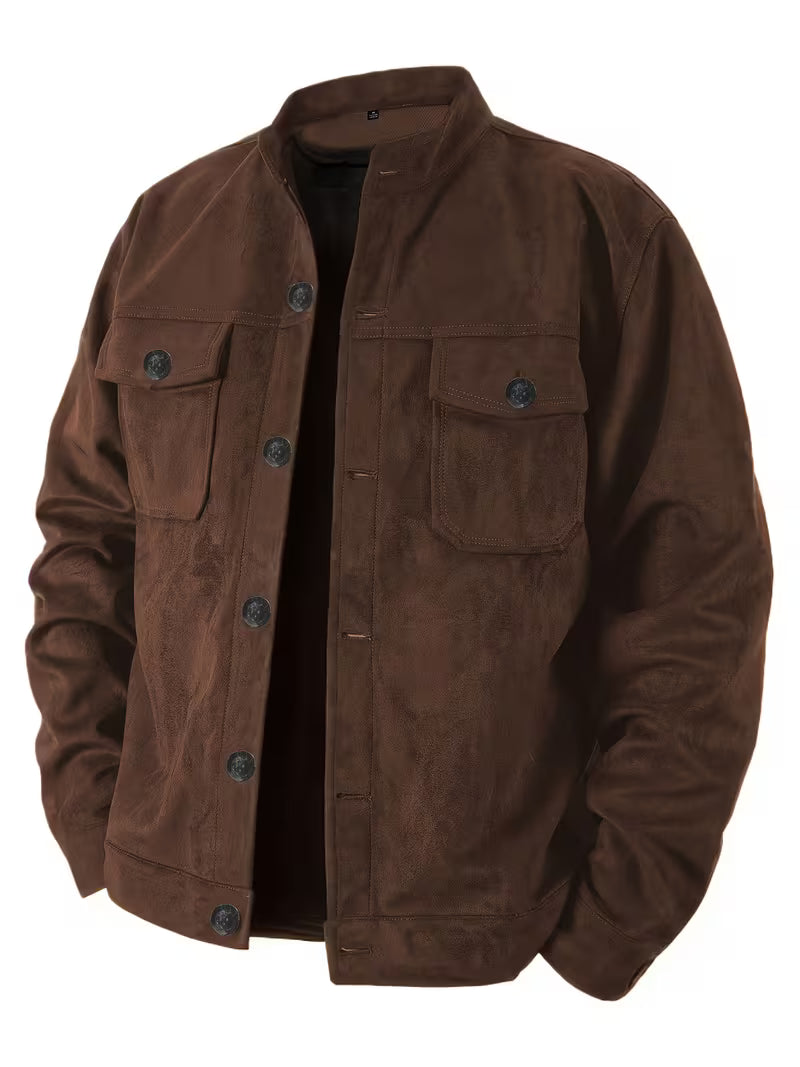 Men's Suede-Look Jacket with Stand Collar and Front Pockets