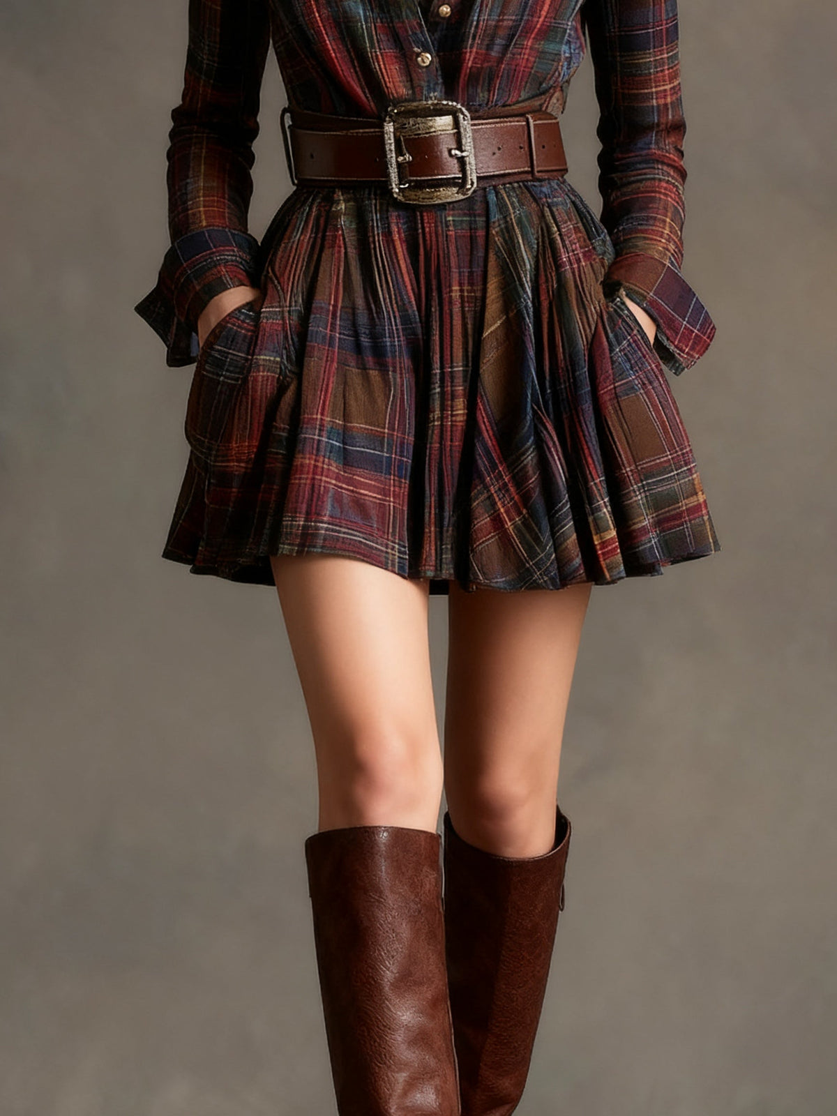 Women's Plaid Mini Dress with Lapel and Belt