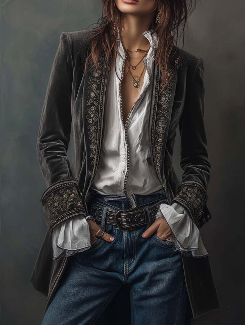 Women's Velvet Embroidered Long Jacket