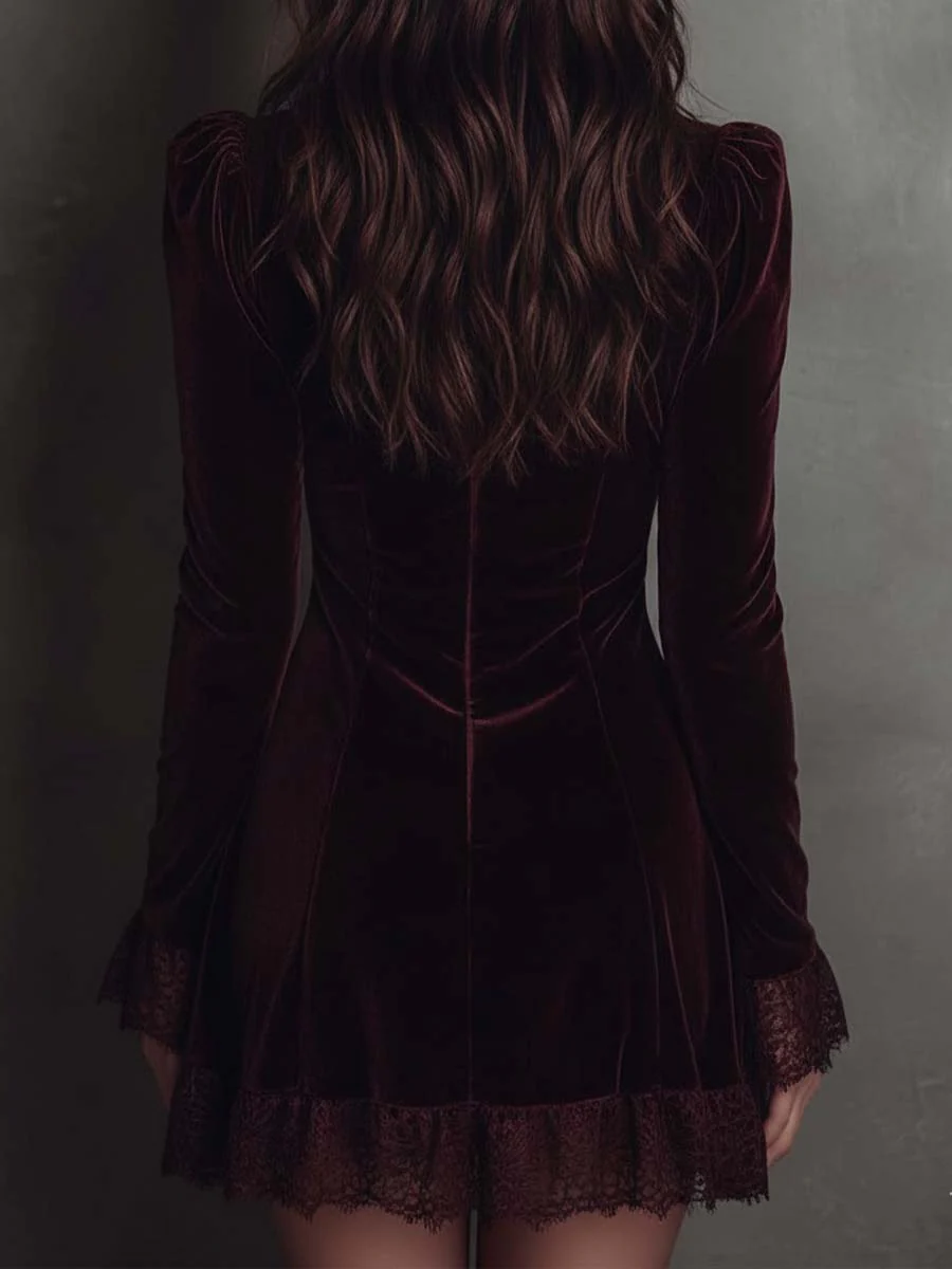Women's Burgundy Velvet Lace-Trimmed V-Neck Mini Dress