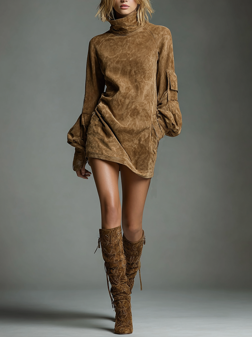 Women's Faux Suede Turtleneck Mini Dress