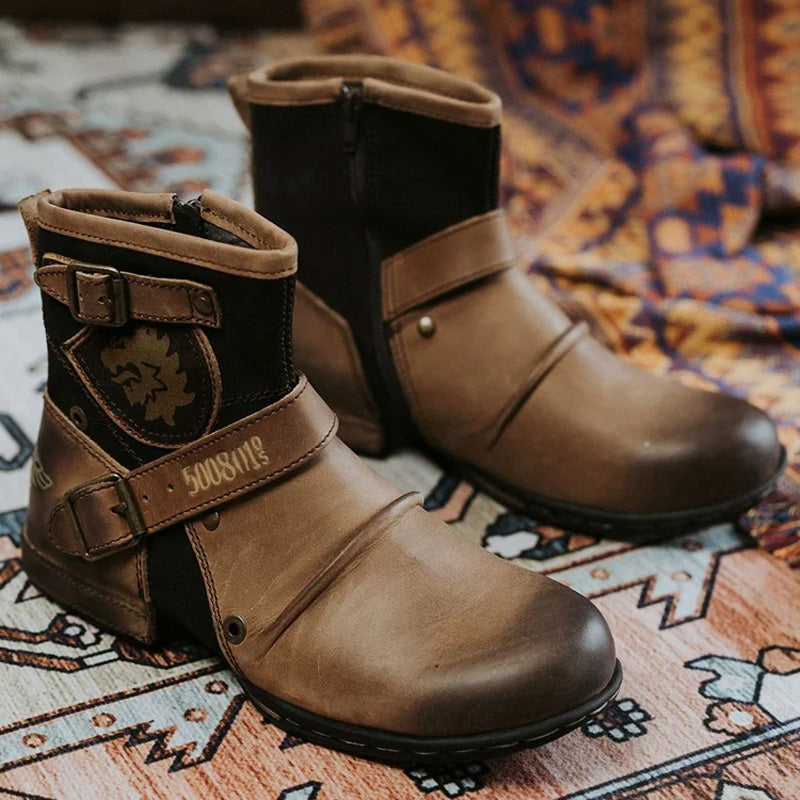 Men's Western Cowboy Leather Boots with Zipper