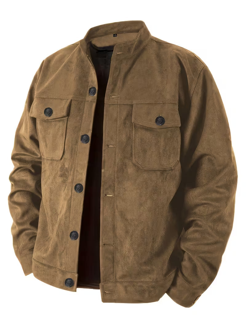 Men's Suede-Look Jacket with Stand Collar and Front Pockets