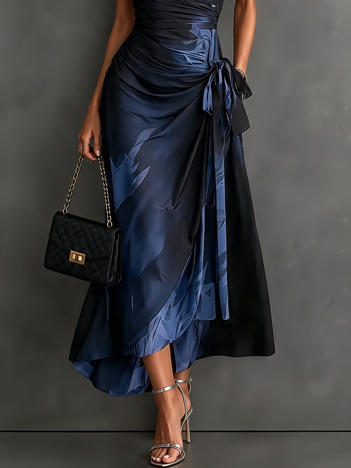 Women's Wrap Midi Dress with Abstract Print and Shirt Collar