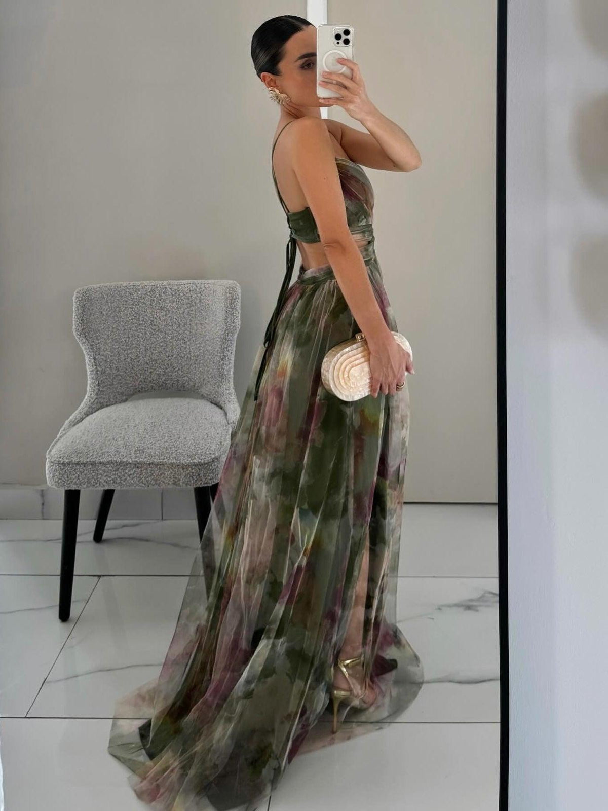 Women's Painted Floral Print V-Neck A-Line Maxi Dress
