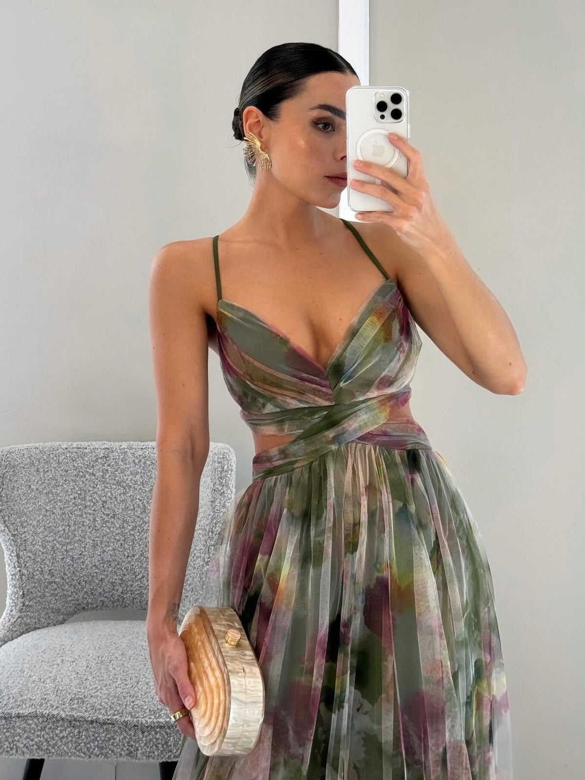 Women's Painted Floral Print V-Neck A-Line Maxi Dress
