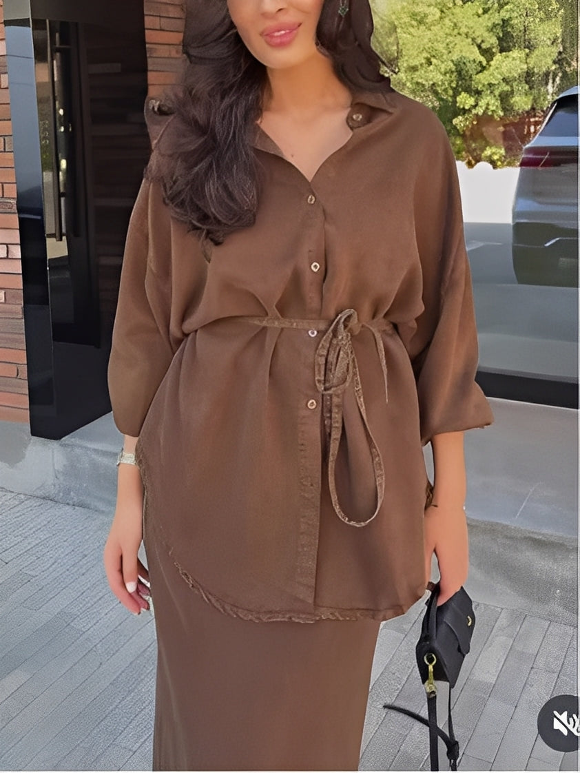 Women's Clothing Set with Long-Sleeved Tie-Drawstring Shirt and Skirt