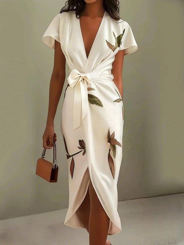 Women's Dress with Leaf Print, V-Neck and Wrap Design