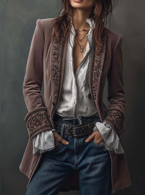 Women's Velvet Embroidered Long Jacket