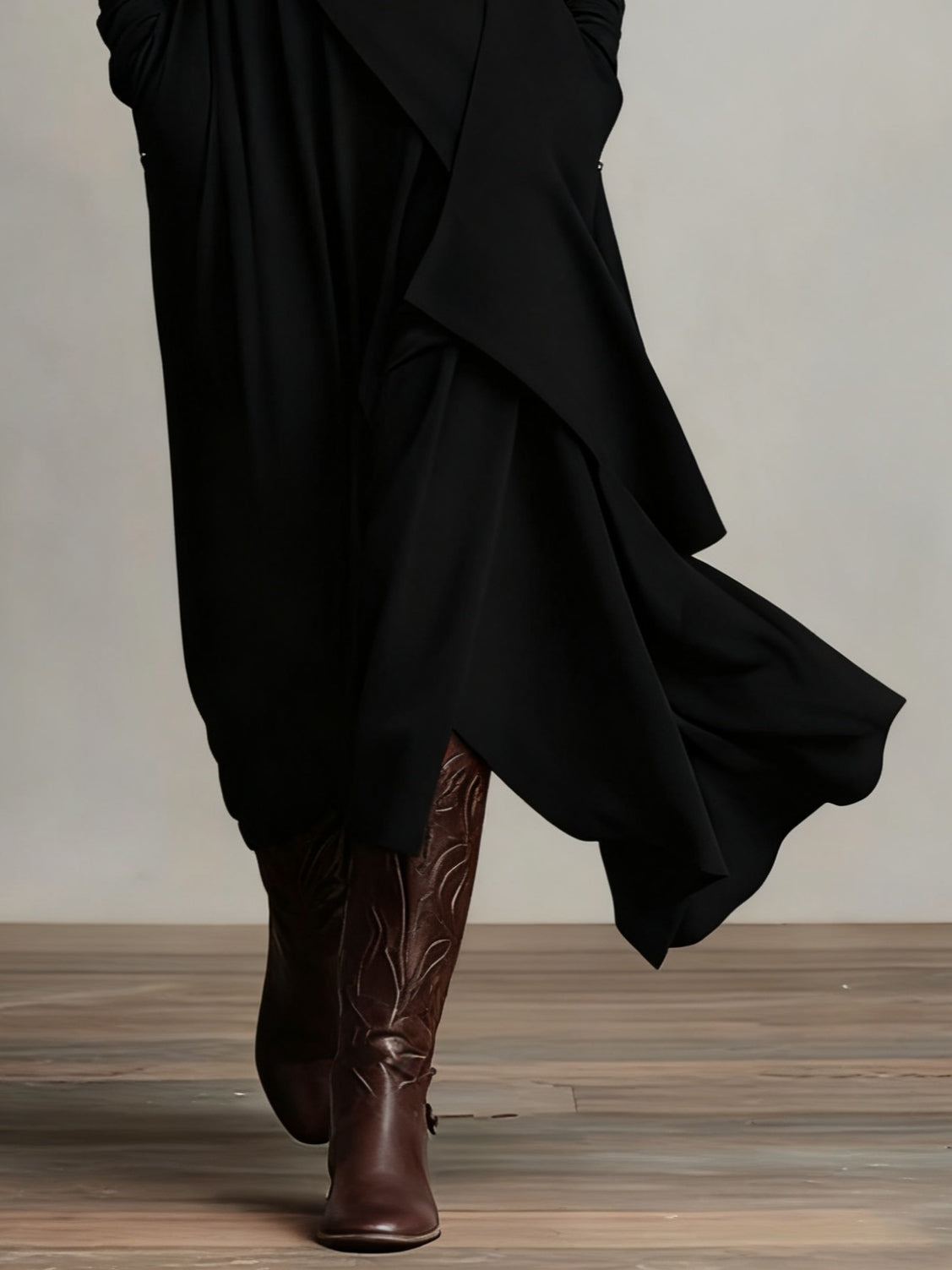 Women's Asymmetrical Pleated Maxi Dress with Turtleneck