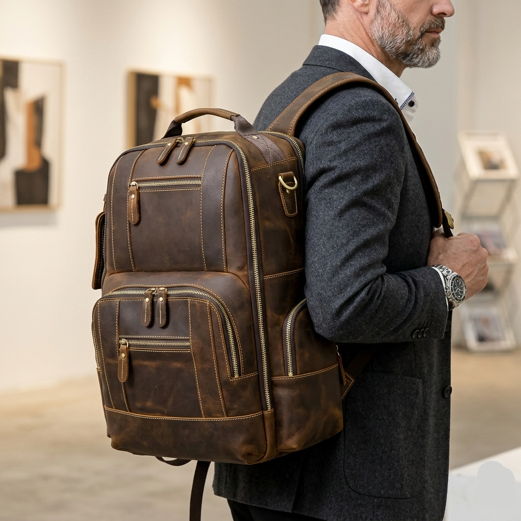 Men's Leather Travel Backpack with 20–35L Capacity