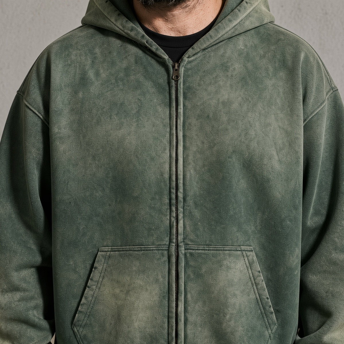Men's Thick Spray-Dyed Cotton Hoodie with Front Zip Detail