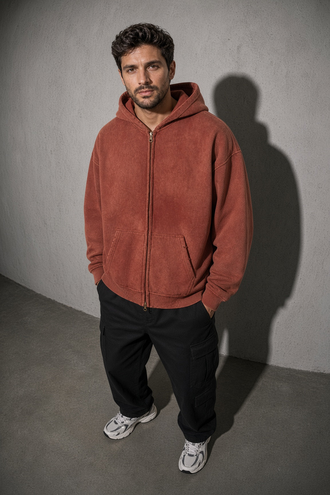 Men's Thick Spray-Dyed Cotton Hoodie with Front Zip Detail
