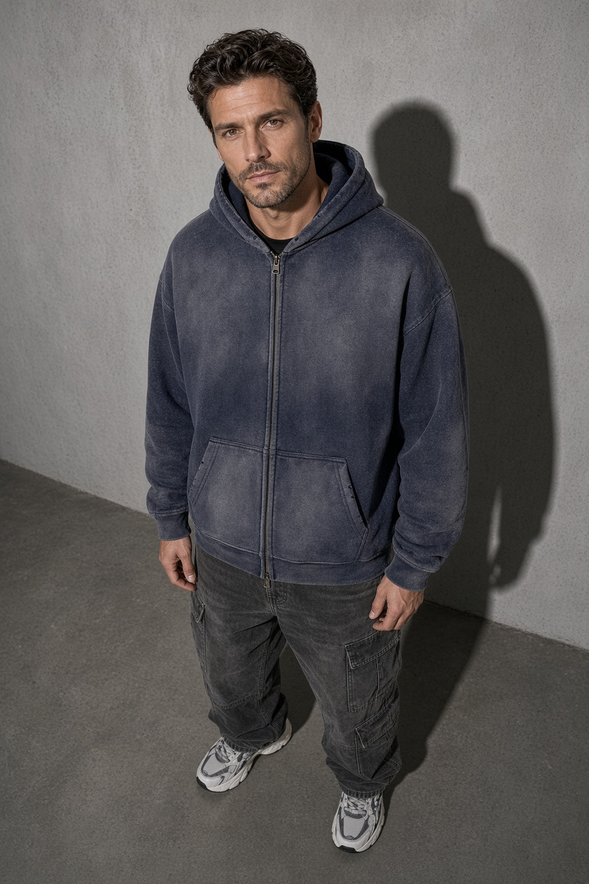 Men's Thick Spray-Dyed Cotton Hoodie with Front Zip Detail