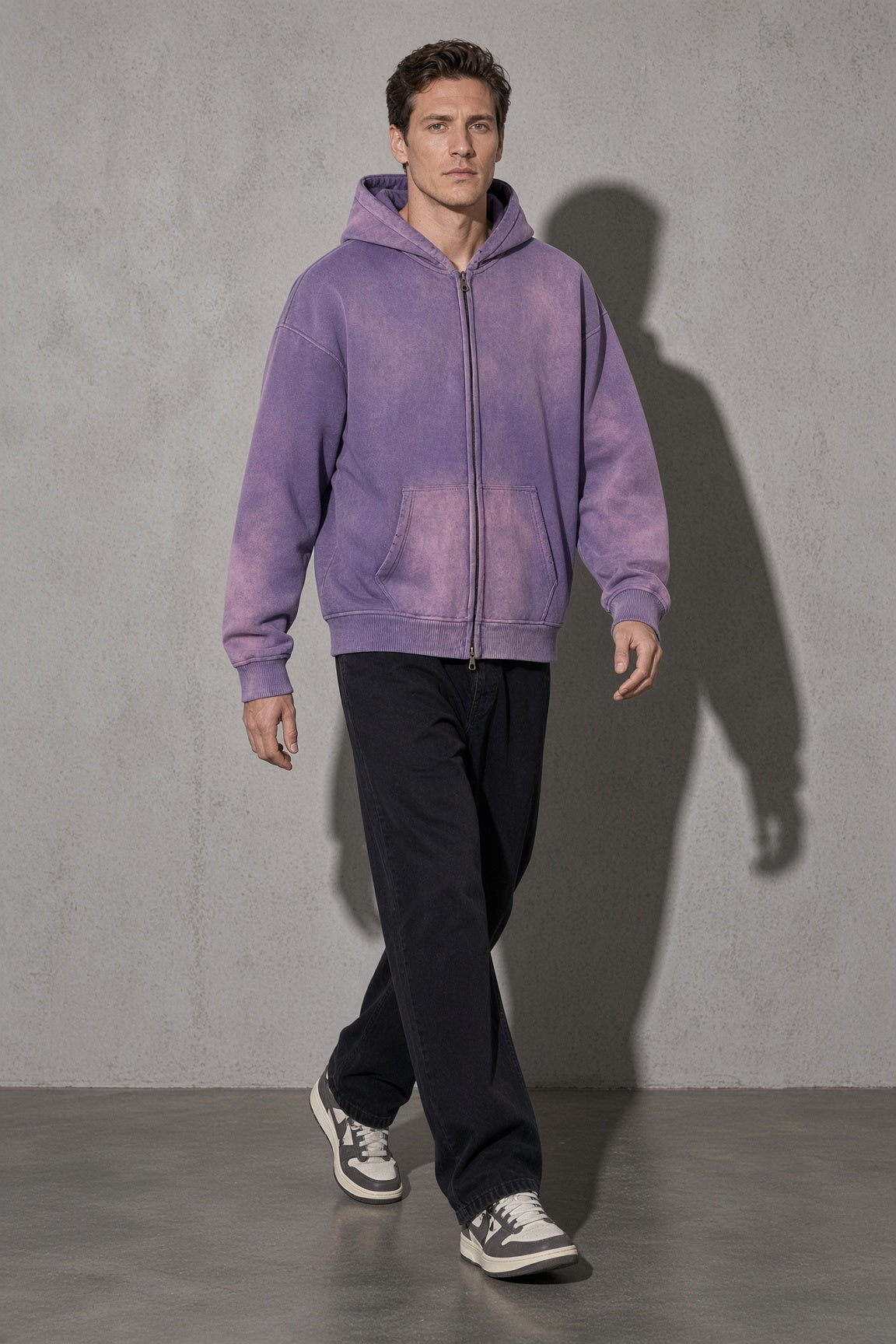 Men's Thick Spray-Dyed Cotton Hoodie with Front Zip Detail