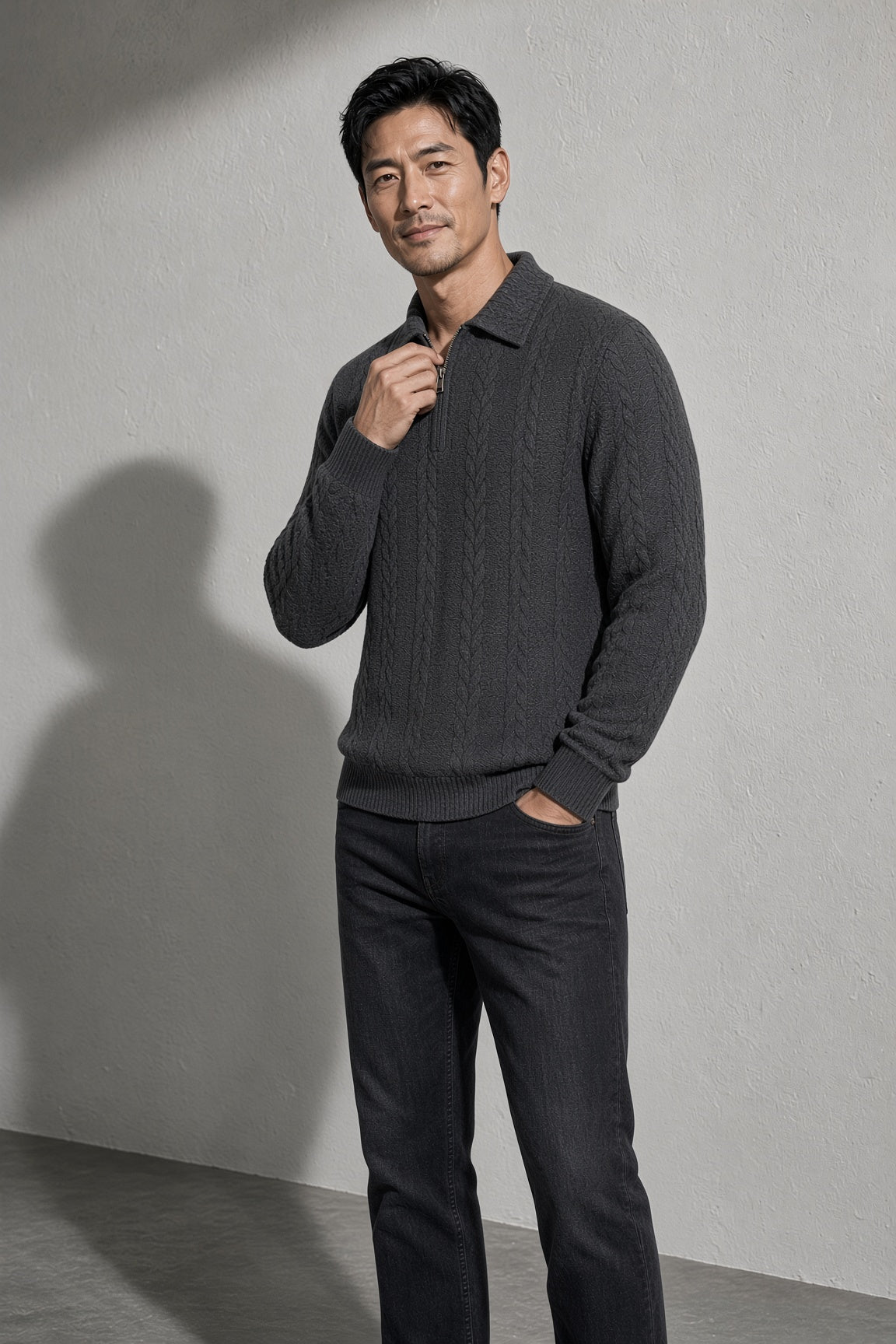 Men's Sweater Collared Quarter-Zip Textured Knit — Fabric Texture & Material Detail