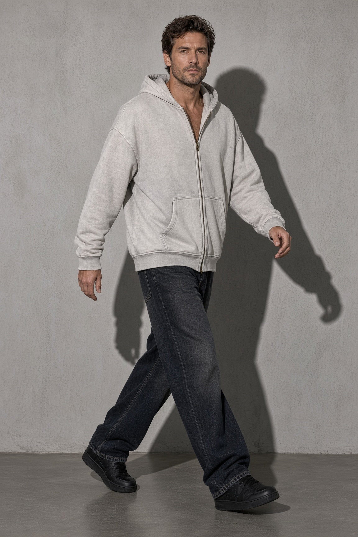 Men's Thick Spray-Dyed Cotton Hoodie with Front Zip Detail