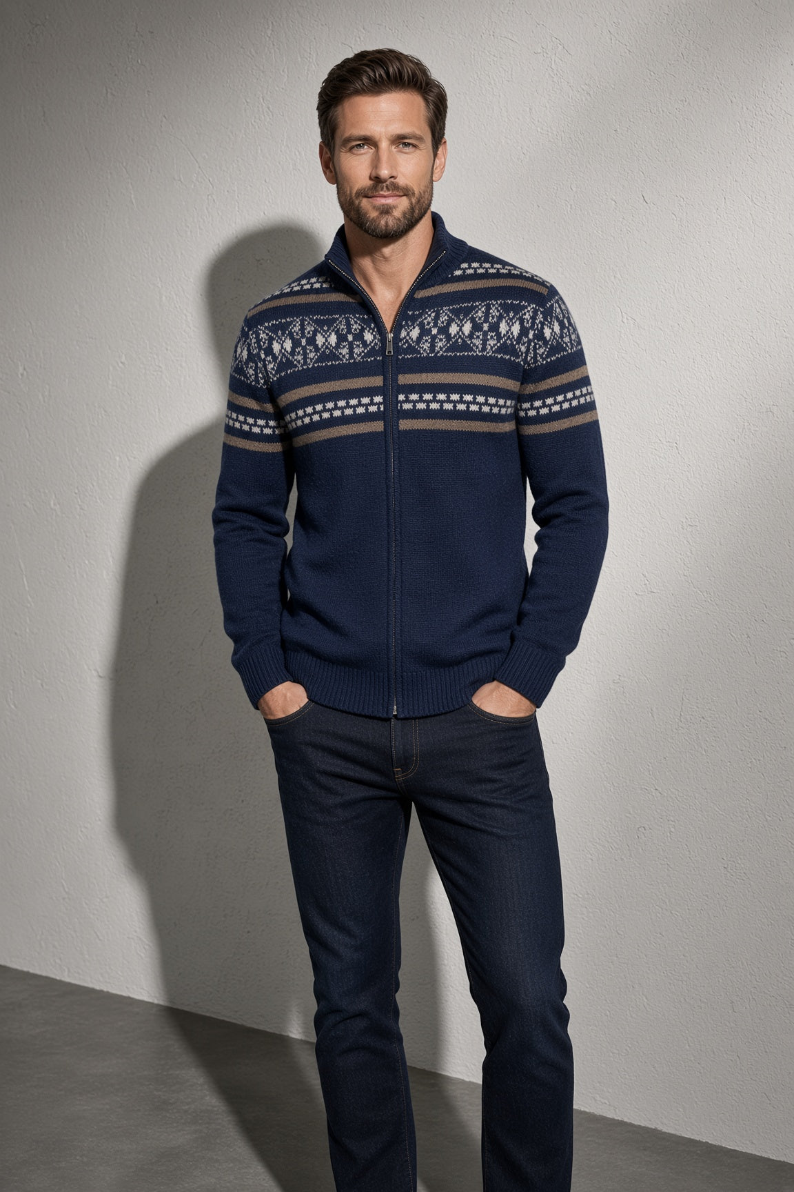 Men's Cardigan Fair Isle Zip-Up Front — Collar & Neckline Detail