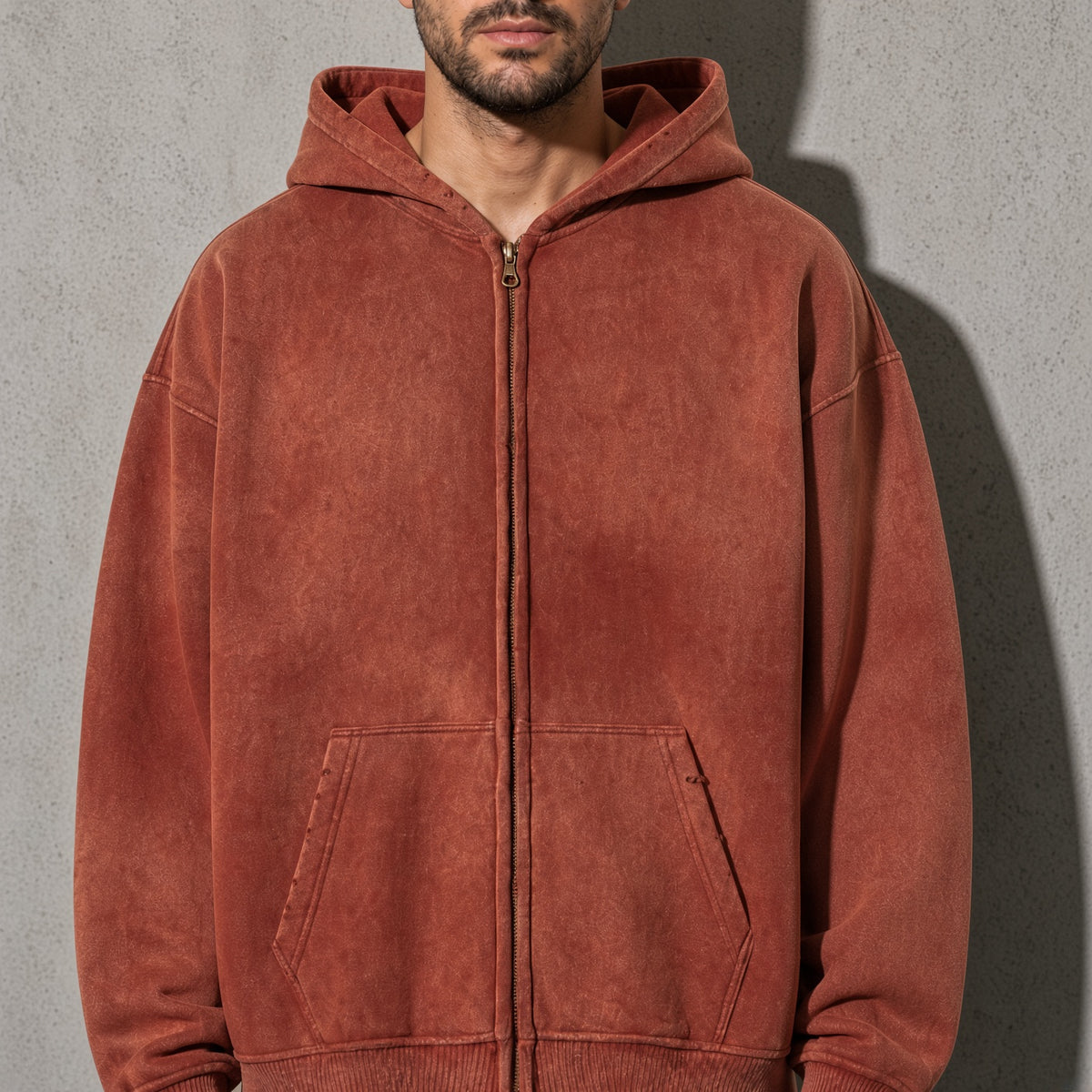 Men's Thick Spray-Dyed Cotton Hoodie with Front Zip Detail