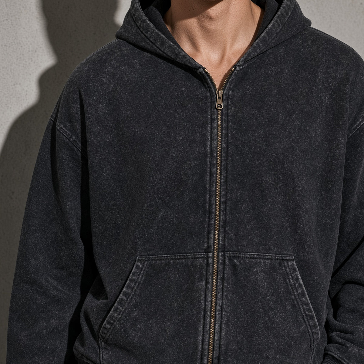 Men's Thick Spray-Dyed Cotton Hoodie with Front Zip Detail