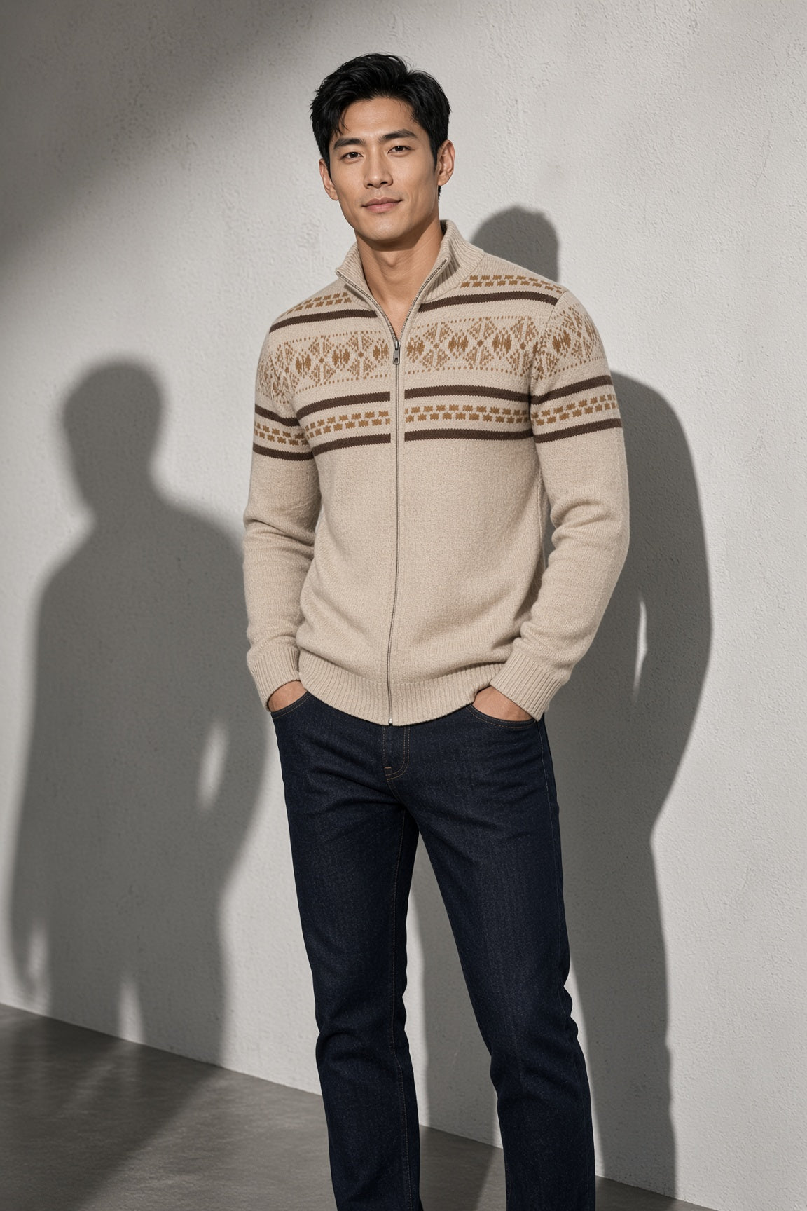 Men's Cardigan Fair Isle Zip-Up Front — Pocket & Stitching Detail