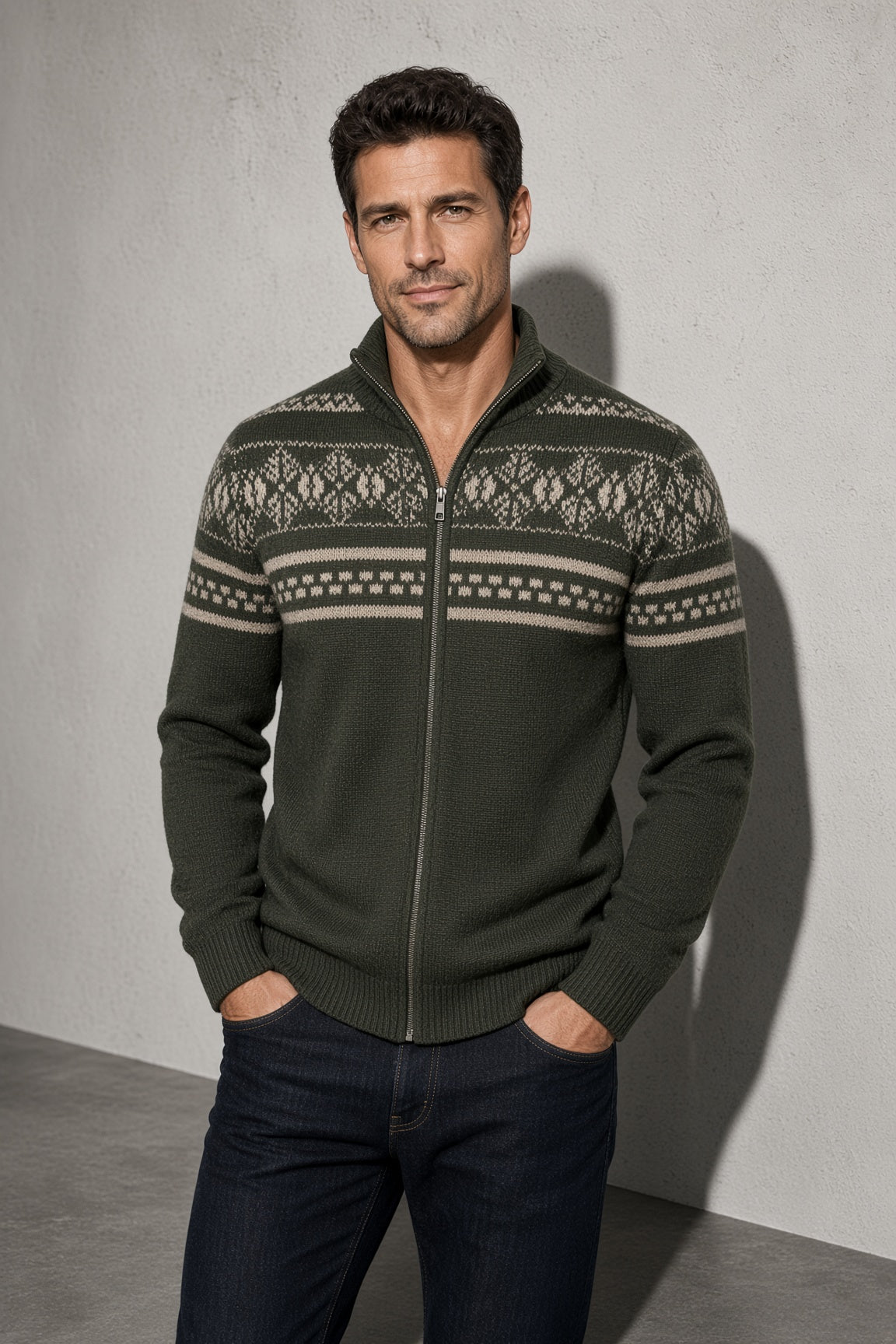 Men's Cardigan Fair Isle Zip-Up Front — On-Model Front Angle