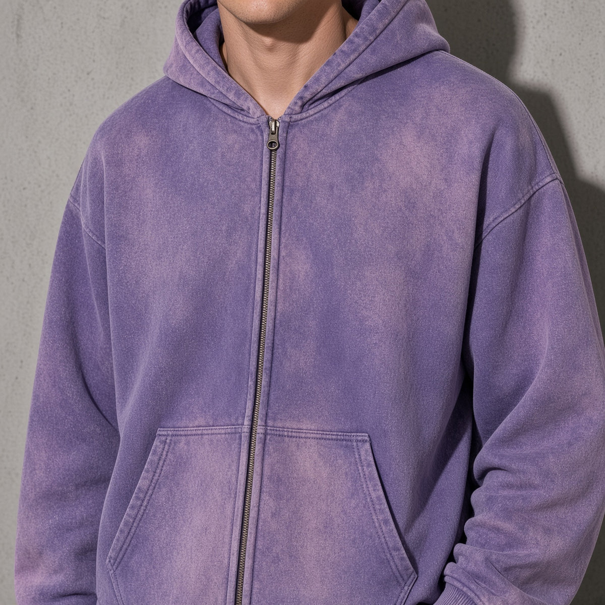 Men's Thick Spray-Dyed Cotton Hoodie with Front Zip Detail