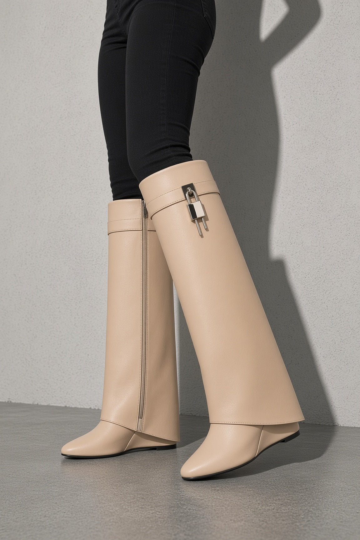 Women's Boots Knee High Fold Over Padlock Wedge