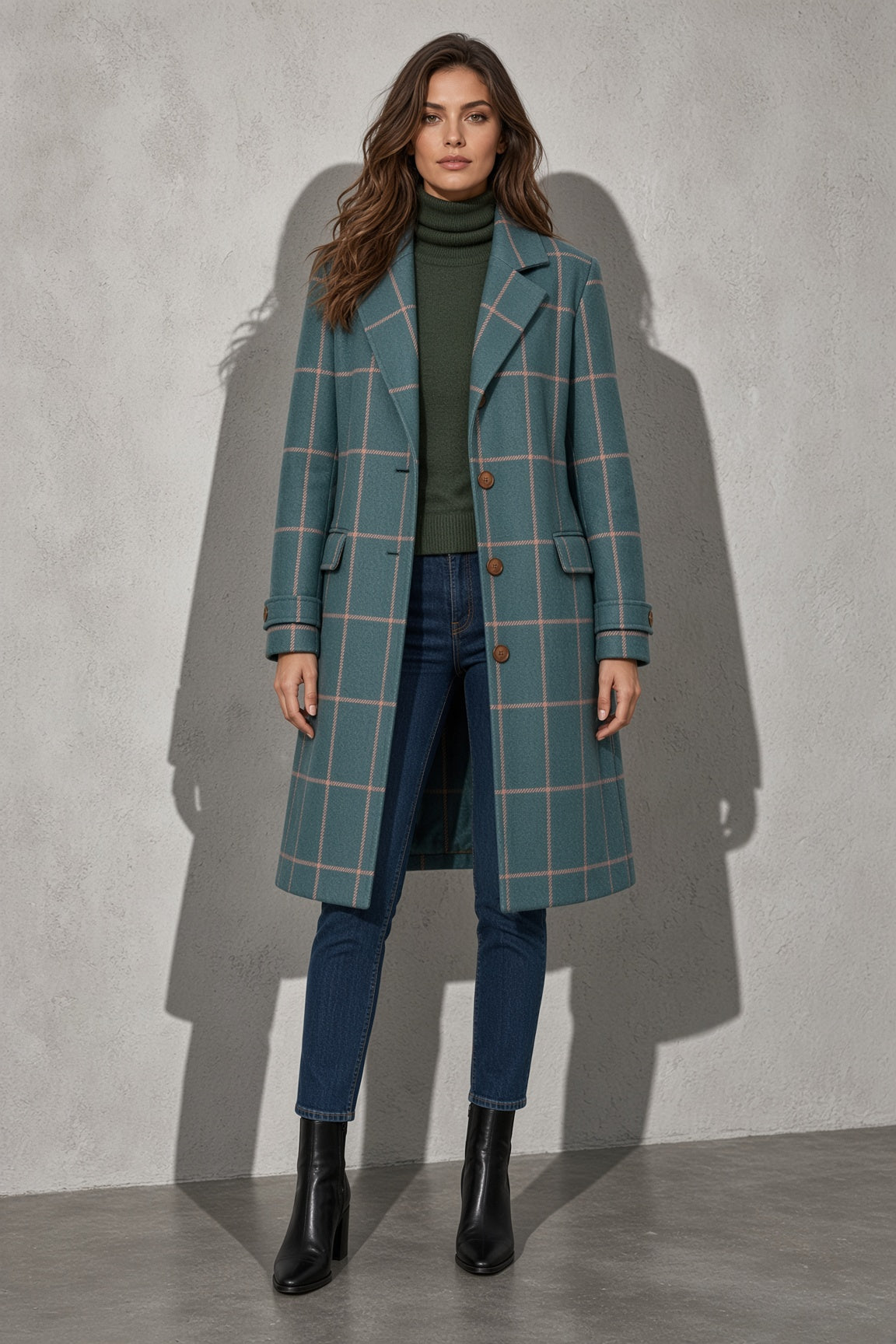 Women's Thick Coat Windowpane Plaid Longline — Side Profile View (Angle 18)