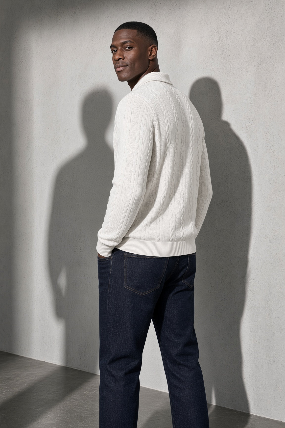 Men's Sweater Collared Quarter-Zip Textured Knit — Flat Lay Garment View