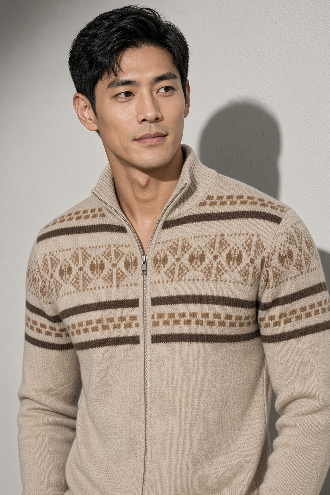 Men's Cardigan Fair Isle Zip-Up Front — Side Profile View