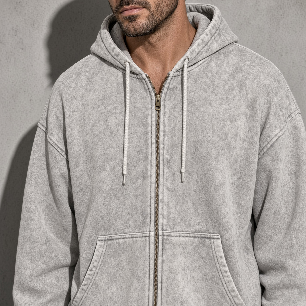 Men's Thick Spray-Dyed Cotton Hoodie with Front Zip Detail
