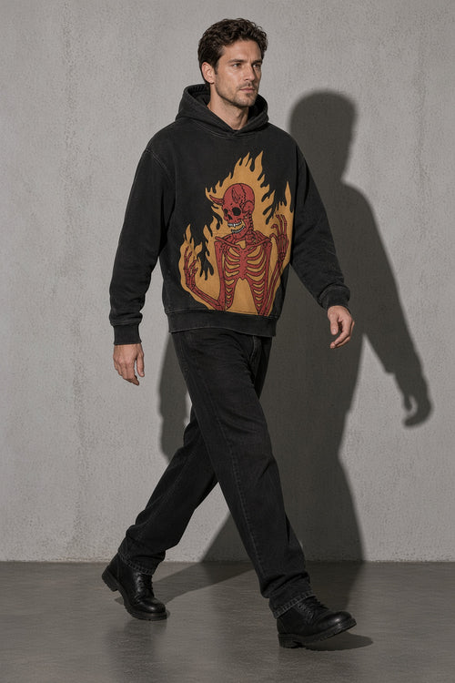 Flaming skeleton men's black hoodie, full-body view