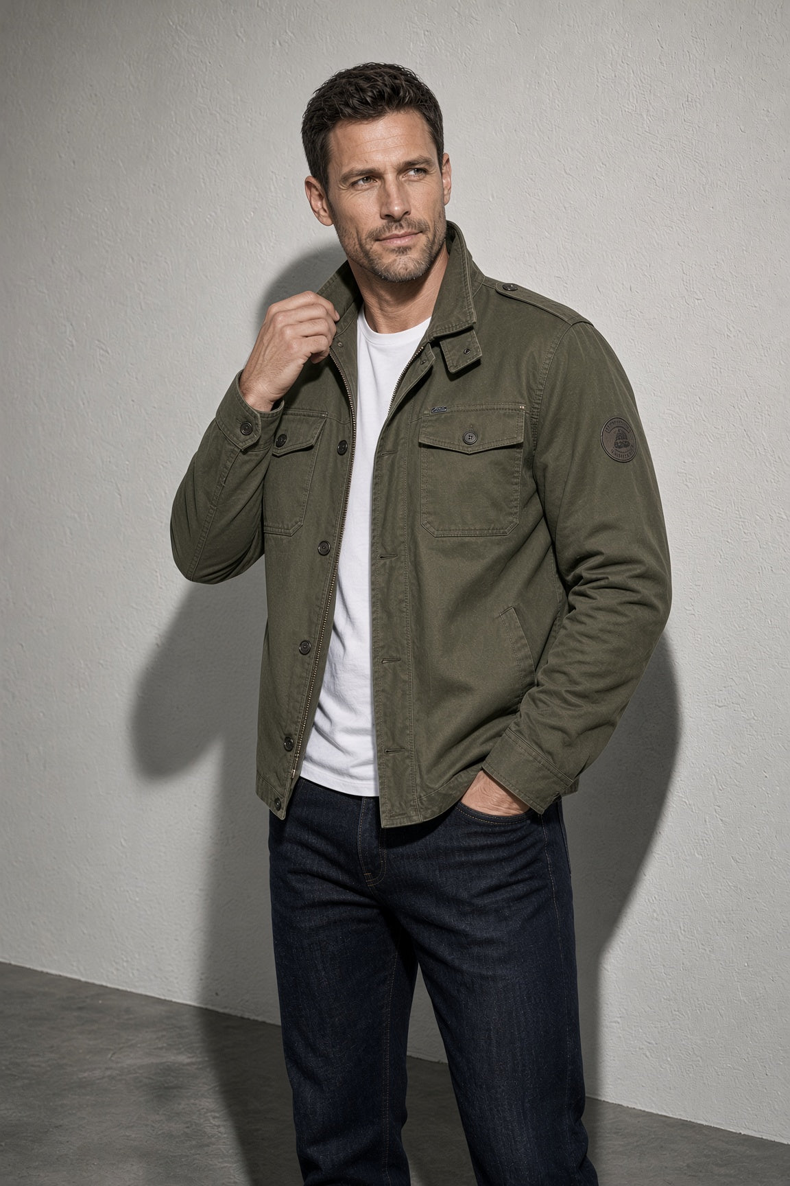 Men's Jacket Four-Pocket Stand Collar — Button & Fastening Detail
