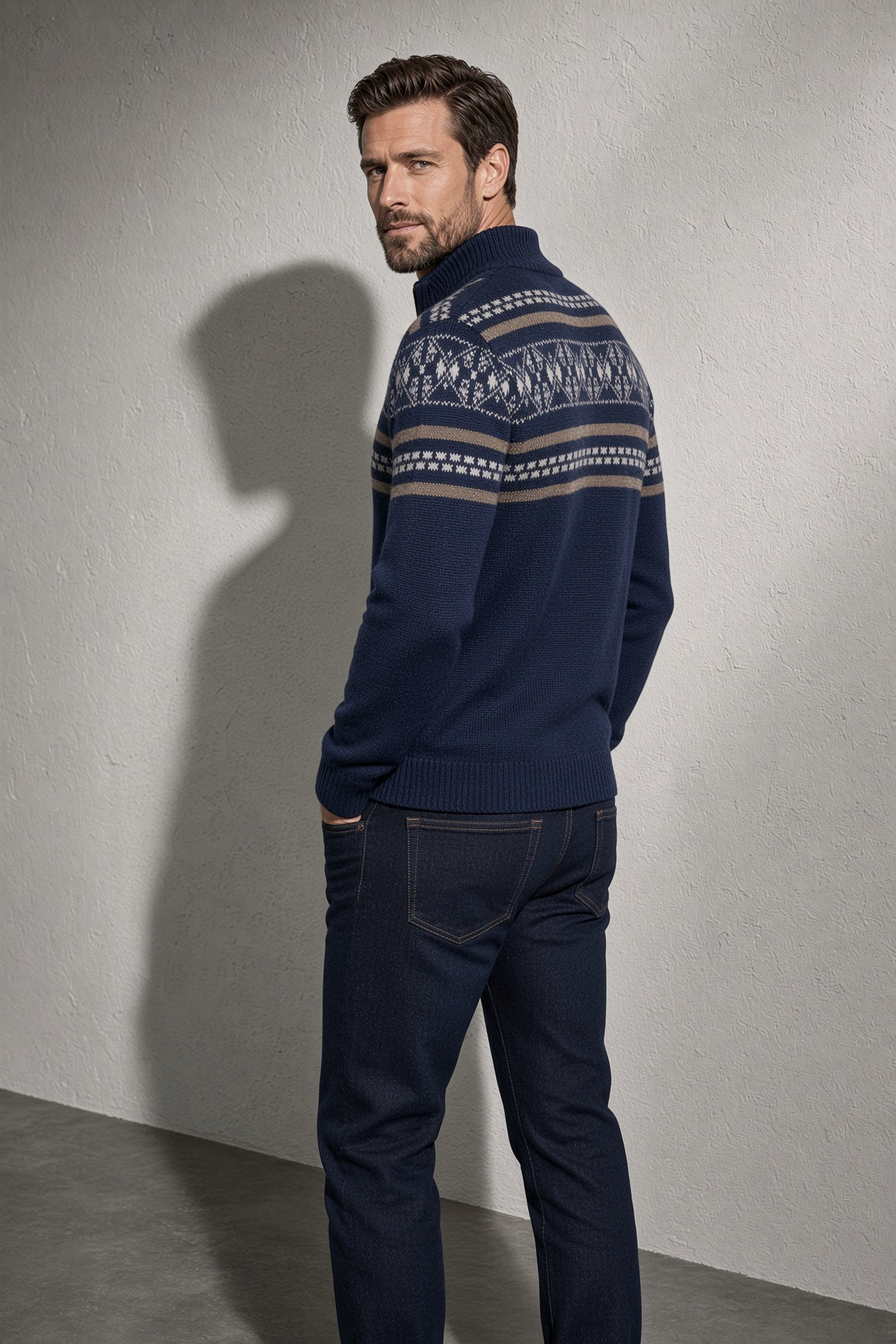 Men's Cardigan Fair Isle Zip-Up Front — Flat Lay Garment View