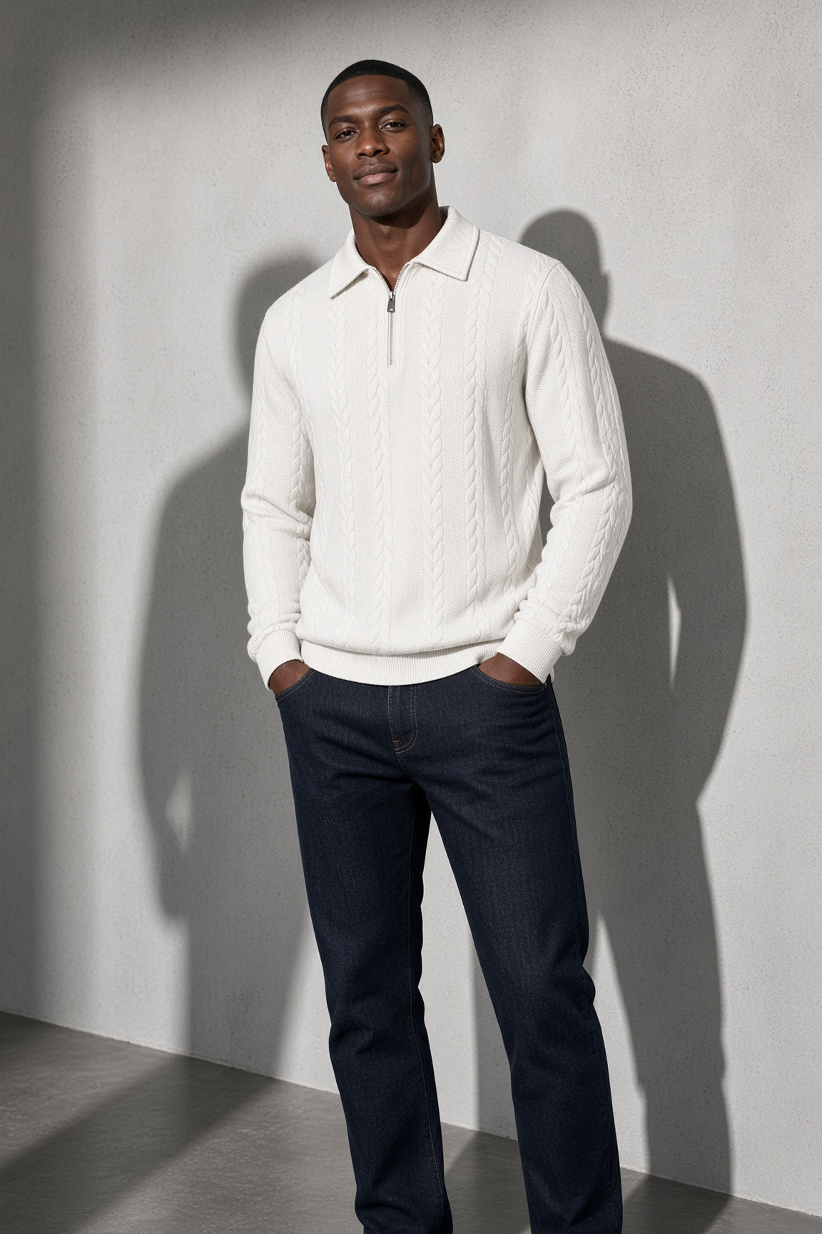 Men's Sweater Collared Quarter-Zip Textured Knit — Collar & Neckline Detail