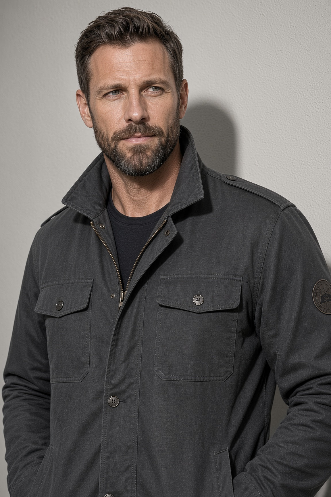 Men's Jacket Four-Pocket Stand Collar — On-Model Front Angle
