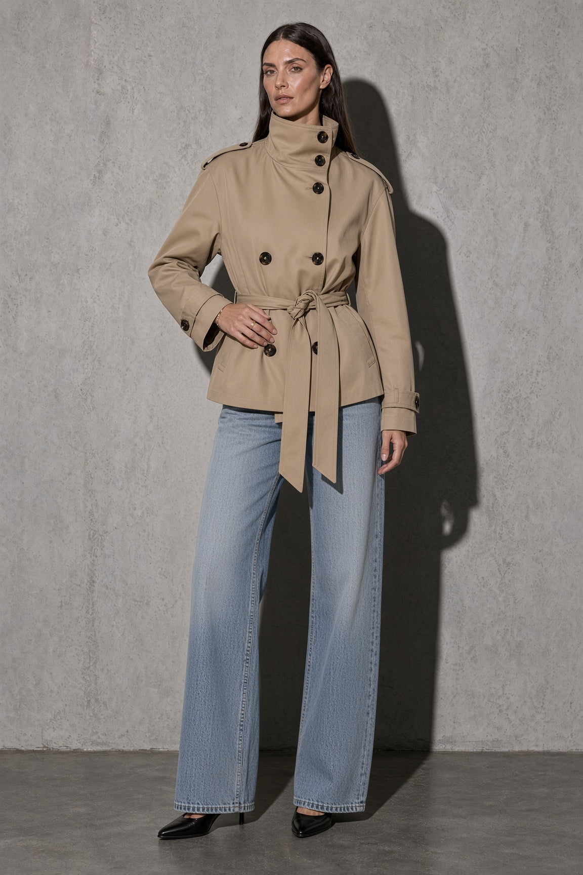 Women's Jacket Cropped Trench Turtle Neck — On-Model Front Angle